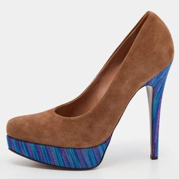 Pre Owned Missoni Brown/Blue Suede And Knit Fabric Platform Pumps Size 38