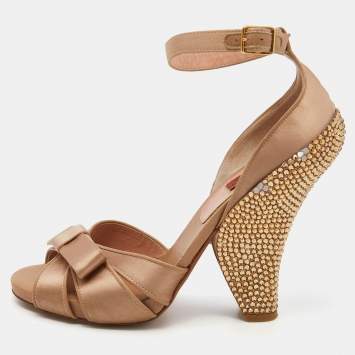 Pre Owned Missoni Beige Satin Crystal Embellished Heel Ankle Strap Sandals Size 38