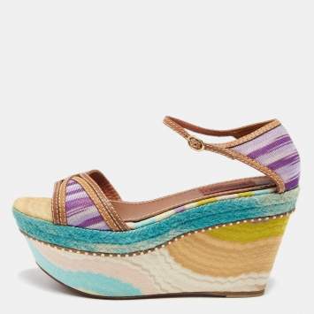 Pre Owned Missoni Multicolor Canvas And Leather Platform Ankle Strap Sandals Size 37