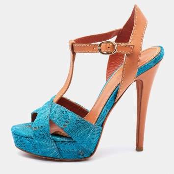 Pre Owned Missoni Blue/Brown Knit Fabric and Leather T-Strap Platform Sandals Size 37.5