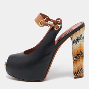 Pre Owned Missoni Black/Beige Leather Peep Toe Platform Slingback Pumps Size 39