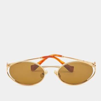 Pre Owned Miu Miu Gold Tone/Brown SMU52Y Logo Oval Sunglasses