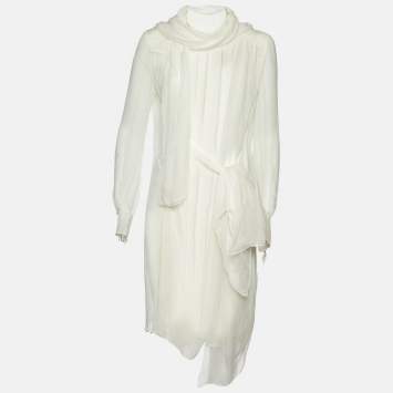 Pre Owned Miu Miu White Silk Georgette Pleated Sheer Tunic L
