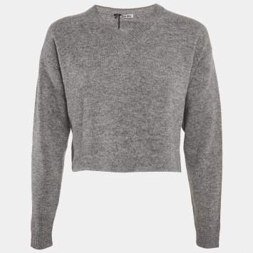 Pre Owned Miu Miu Grey Wool Knit V-Neck Crop Sweater S