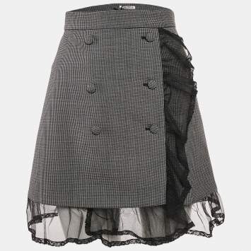 Pre Owned Miu Miu Grey Checks Tulle Trim Wool Mini Dress S