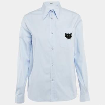 Pre Owned Miu Miu Blue Stretch Poplin Cat Applique Button Front Shirt S