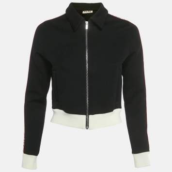 Pre Owned Miu Miu Black Logo Side Trim Jersey Crop Track Jacket M