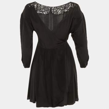 مملوكة مسبقًا Miu Miu Black Silk Lace Detail Wrap Around Mini Dress XS