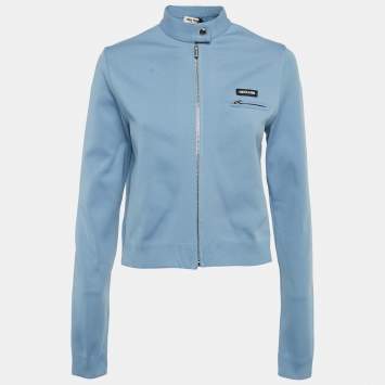Pre Owned Miu Miu Blue Stretch Knit Zip-Up Jacket S
