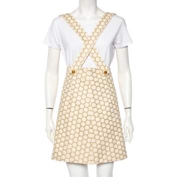 Pre Owned Miu Miu Cream Patterned Cotton Dungaree Mini Dress M 