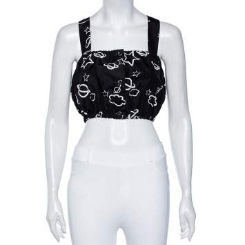 Pre Owned Miu Miu Black Galaxy Printed Silk Button Front Sleeveless Crop Top S