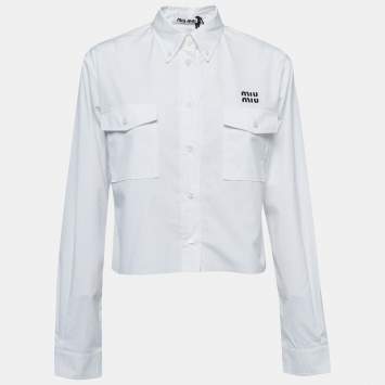Pre Owned Miu Miu White Cotton Cropped Long Sleeve Shirt S