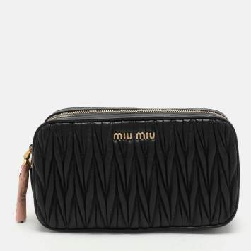 Pre Owned Miu Miu Black Matelasse Leather Zip Crossbody Bag