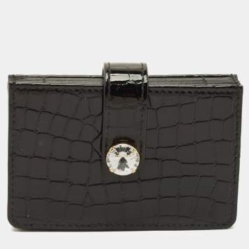 Pre Owned Miu Miu Crystal Embellished Black Croc Embossed Patent Leather Flap Card Holder