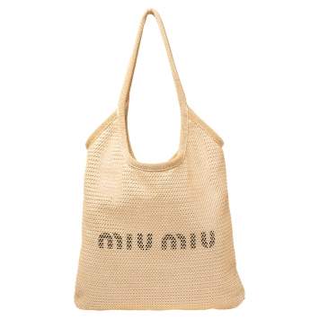 Pre Owned Miu Miu Beige/White Raffia And Linen Tote