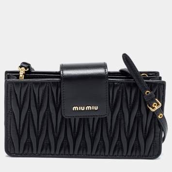 Pre Owned Miu Miu Black Matelassé Leather Phone Crossbody Bag