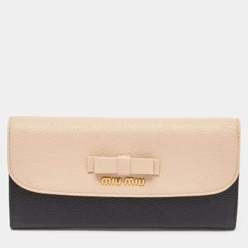 Pre Owned Miu Miu Black/Beige Leather Bow Flap Continental Wallet