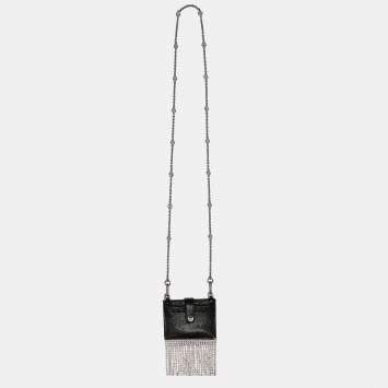 Pre Owned Miu Miu Black Leather Crystals Embellished Chain Card Holder