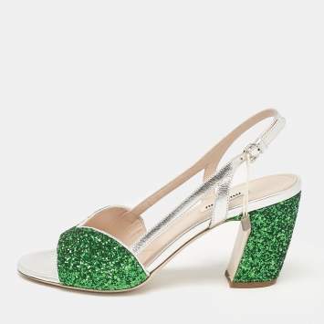 Pre Owned Miu Miu Green Glitter and Leather Ankle Strap Sandals Size 38