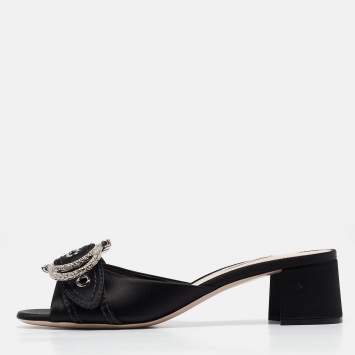 Pre Owned Miu Miu Black Satin Buckle Detail Crystal Embellished Slide Sandals Size 40