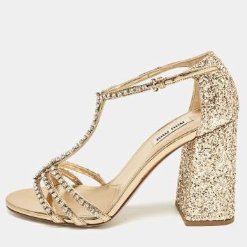 Pre Owned Miu Miu Gold Glitter and Leather Crystal Embellished Ankle Strap Sandals Size 37