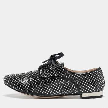 Miu Miu Black Patent Leather Crystal Embellished Lace Up Derby Size 36