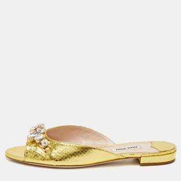 Pre Owned Miu Miu Gold Snakeskin Embossed Leather Bow Flat Sandals Size 36