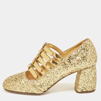 Pre Owned Miu Miu Gold Glitter and Leather Mary Jane Pumps Size 34