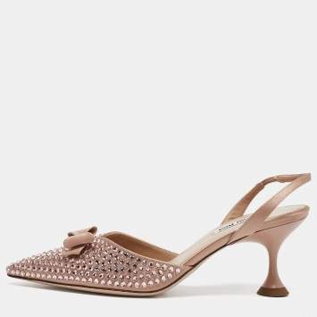 Pre Owned Miu Miu Beige Satin Crystal Embellished Bow Slingback Pumps Size 36