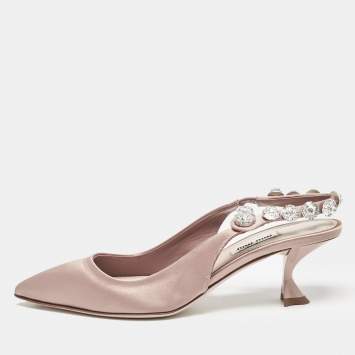 Pre Owned Miu Miu Beige Satin Crystal Embellished Bow Slingback Pumps Size 38.5
