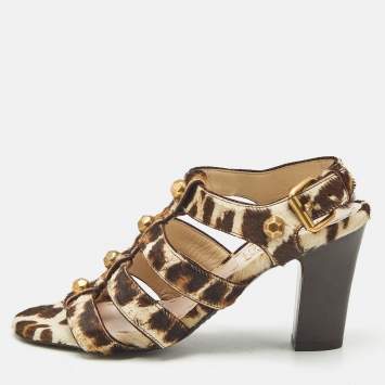Pre Owned Miu Miu Brown/Beige Calf Hair Studded Strappy Sandals Size 35.5
