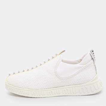 Pre Owned Miu Miu White Mesh and Neoprene Crystal Embellished Slip-On Sneakers Size 38