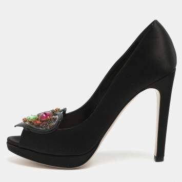 مملوكة مسبقًا Miu Miu Size 39.5 Black Jeweled PVC and Satin Peep Toe Pumps