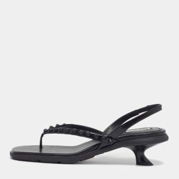 Pre Owned Miu Miu Size 38 Black Leather Studds Thong Slingback Sandals