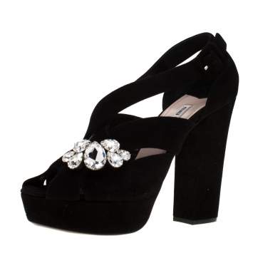 Pre Owned Miu Miu Black Velvet Crystal Embellished Platform Sandals Size 40.5