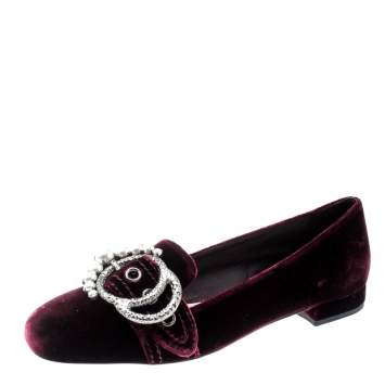 Pre Owned Miu Miu Burgundy Faux Pearl Velvet Flats Size 39