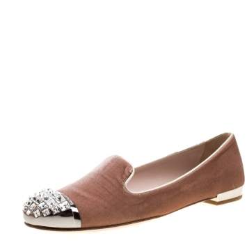 Pre Owned Miu Miu Pale Pink Velvet Crystal Embellished Cap Toe Smoking Slippers Size 37