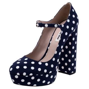 Pre Owned Miu Miu Blue Polka Dot Canvas Mary Jane Platform Ankle Strap Pumps Size 39.5 