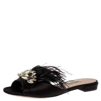Pre Owned Miu Miu Black Satin Feather and Crystal Embellished Slide Flats Size 38