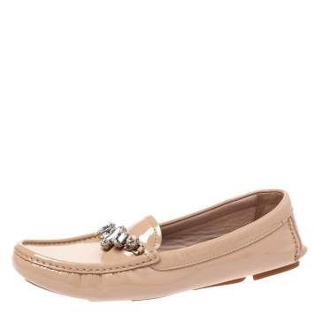 Pre Owned Miu Miu Beige Patent Leather Crystal Embellished Loafers Size 39