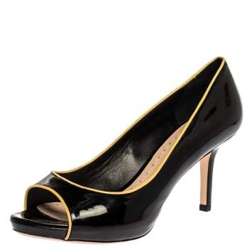 Pre Owned Miu Miu Black/Yellow Patent Leather Open Toe Pumps Size 39