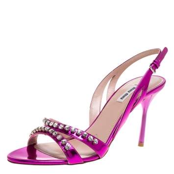 Pre Owned Miu Miu Purple Leather Crystal Embellished Slingback Sandals Size 40