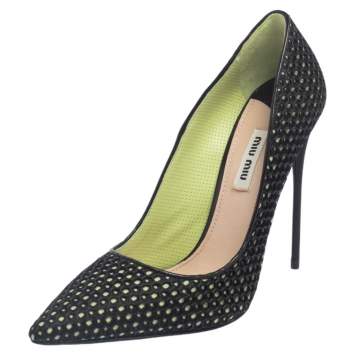 مملوكة مسبقًا Miu Miu Black/Green Mesh And Fabric Pointed Toe Pumps Size 37.5