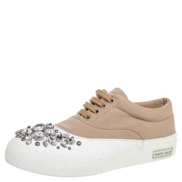 مملوكة مسبقًا Miu Miu Beige Canvas and Rubber Crystal Embellished Cap Toe Sneakers Size 37