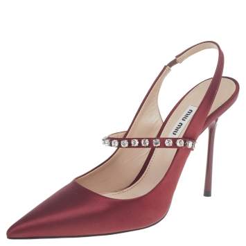 مملوكة مسبقًا Miu Miu Burgundy Satin Crystal Embellished Mary Jane Slingback Sandals Size 39