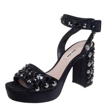 مملوكة مسبقًا Miu Miu Dark Blue Satin Embellished Platform Ankle Strap Sandals Size 39.5