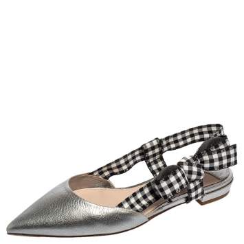Pre Owned Miu Miu Silver Leather And Gingham Fabric Slingback Flat Pumps Size 35