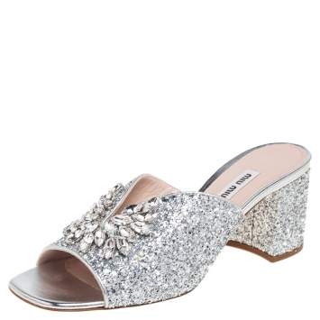 Pre Owned Miu Miu Coarse Glitter Crystal Embellished Mules Sandals Size 38.5