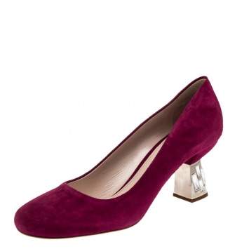 Pre Owned Miu Miu Fuchsia Suede Crystal Embellished Block Heel Pumps Size 40