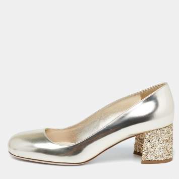 Pre Owned Miu Miu Dull Gold Patent Leather Glitter Heel Round-Toe Pumps Size 37